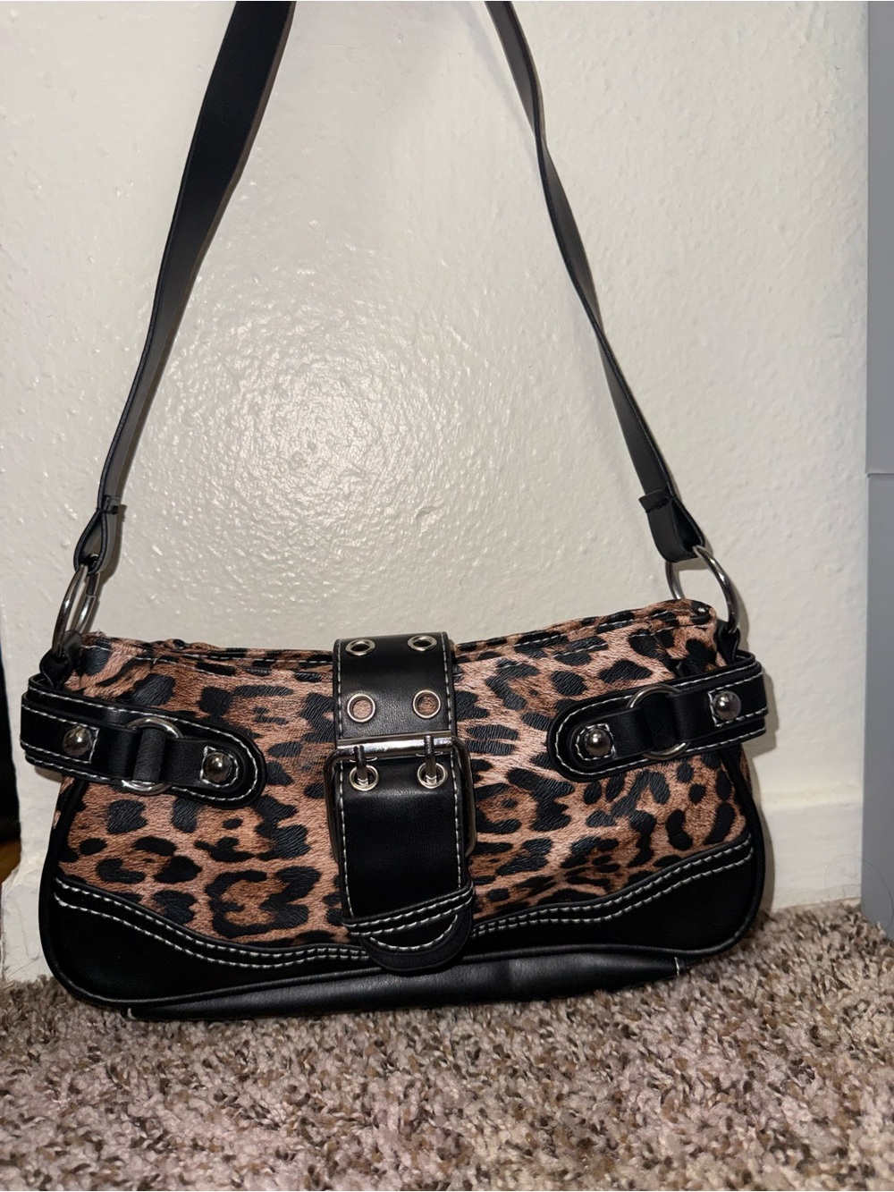 Leopard Print Shoulder Bag with Black Trim